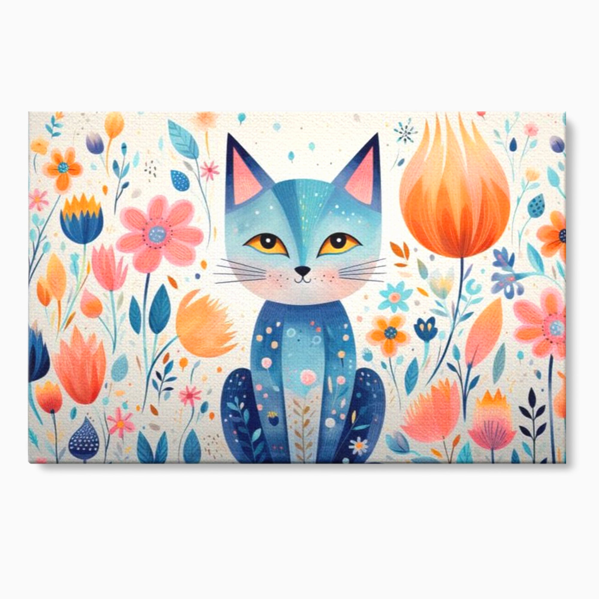Tablou canvas cu ilustratie digitala cu pisica albastra si flori, fara rama, pe sasiu de lemn